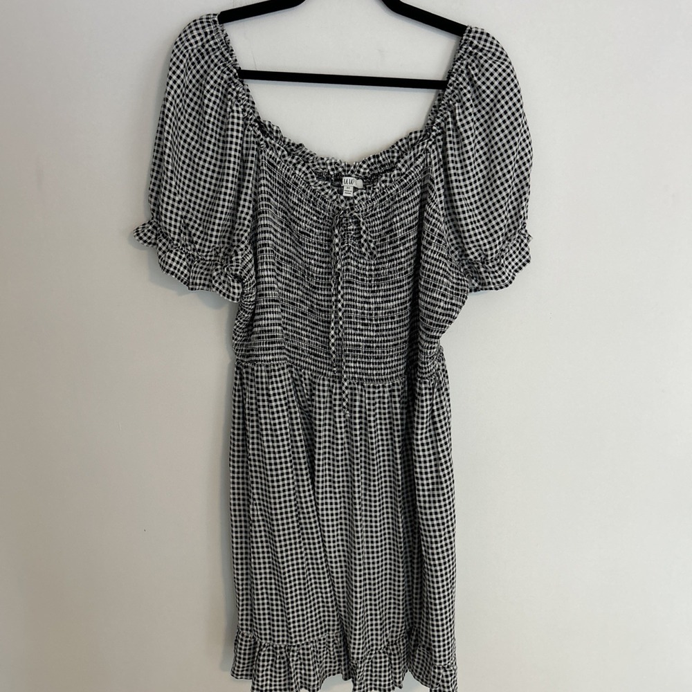 Women's 3X Black White Checkered Baby Doll Sleeves Elastic Tie Summer Dress